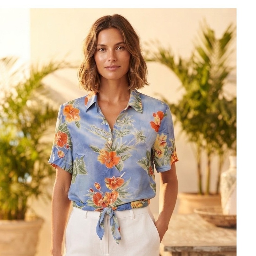 Tommy Bahama Women Blue Silk Floral Hibiscus Tie Front Button Down Shirt Large